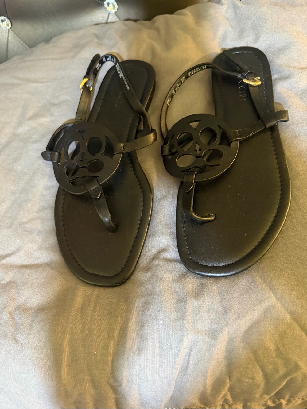 Coach Black Logo Medallion Slingback Thong Sandals